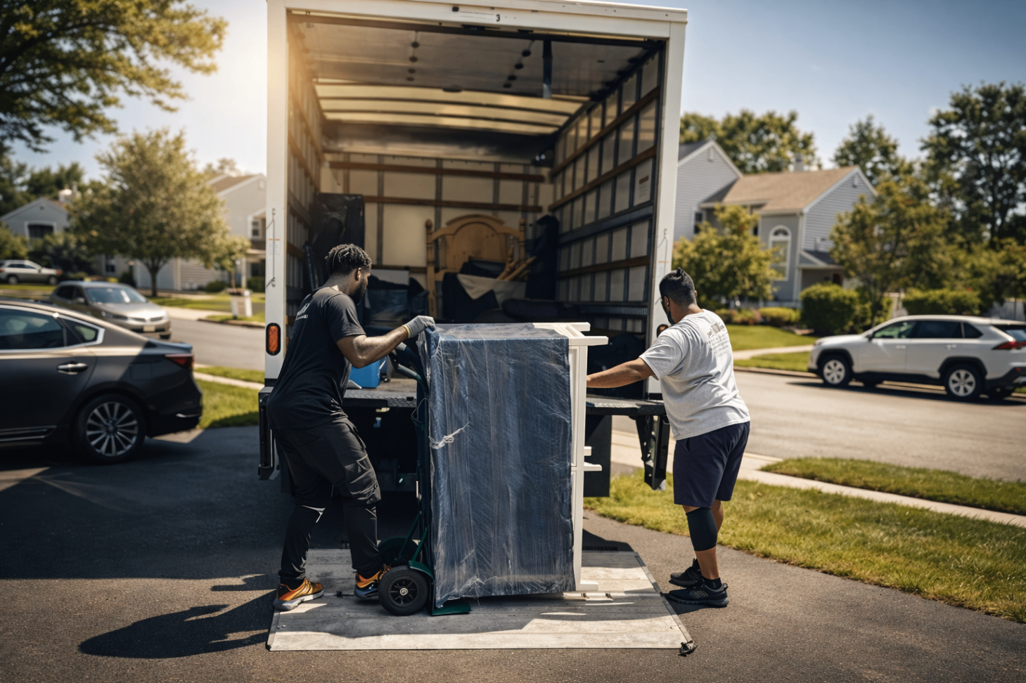 Professional No Pain Moving crew carrying a wrapped sofa into a Norfolk home